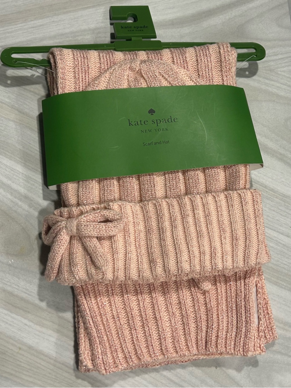 kate spade blush pink ribbed scarf and hat set